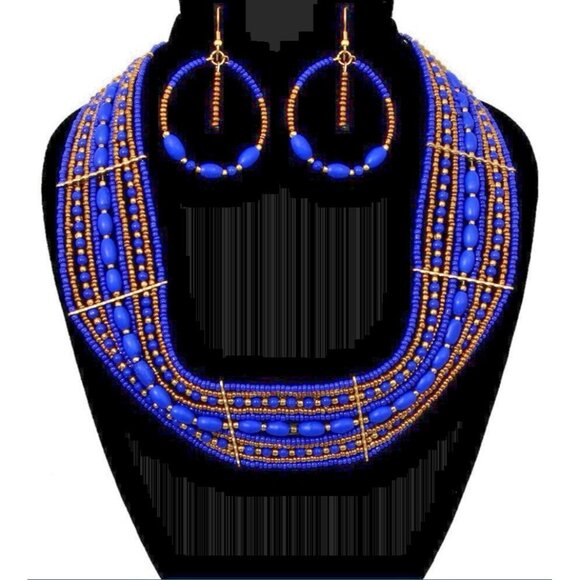 Unbranded Jewelry - Royal Blue Gold Beaded Necklace Set Egyptian Boho Bohemian Ethnic Necklace Set